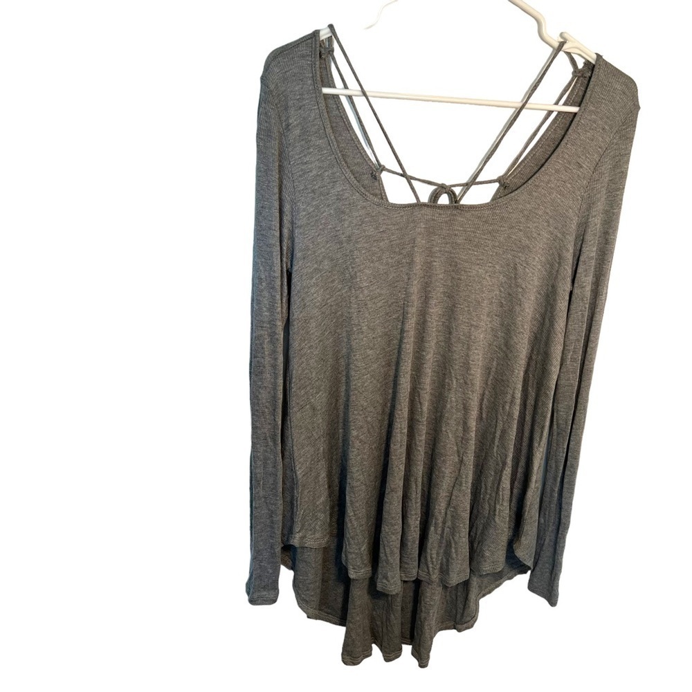 Sweet Claire Women's Size Large Ribbed Top Long Sleeve Light Heather Gray Tie